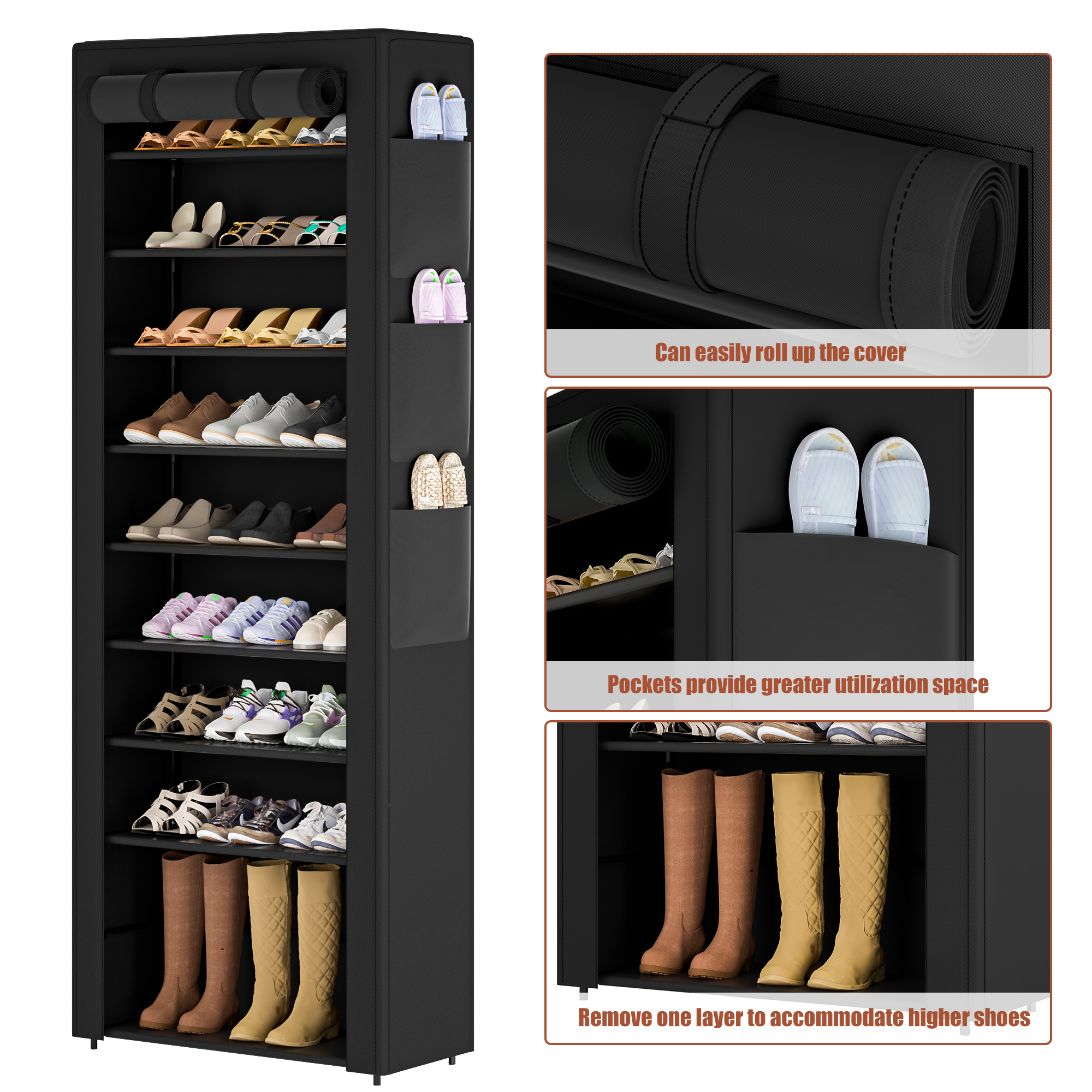 10 Tier Large Dustproof Shoe Cabinet, Tall Shoe Storage Rack with Fabric Cover, Large Capacity Save Space Shoe Shelf for Entryway Closet with pockets