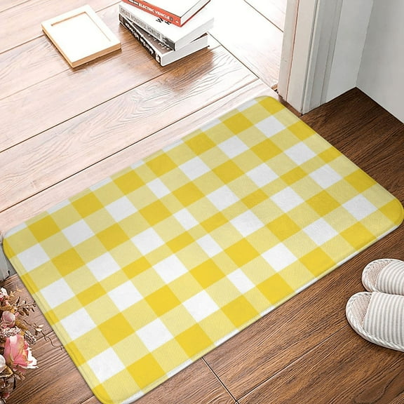 Front Door Mat Indoor Outdoor Outside Entrance - 16*24in Washable Yellow Buffalo Plaid Thin Bathroom Rugs Fit Under Door, Bath Rugs for Bathroom, Kitchen Rugs Mats for Floor