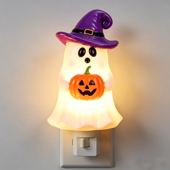 Feledorashia Halloween Ghost Night Light, Plug In Wall Lamp, Warm LED Nightlight with Witch Hat Pumpkin Design, Soft Glowing Decorative Resin Lamp for Indoor Holiday Ambiance