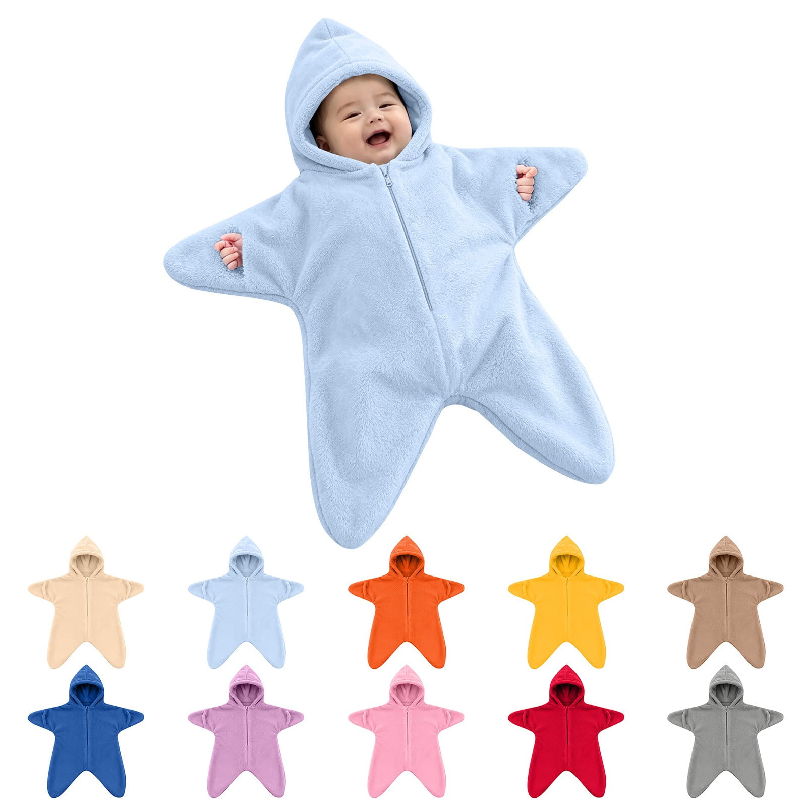 RotHome Cute Starfish Hooded Baby Onesie for Infants Ultra-Soft Fleece Warm Wearable Blanket with Front Zipper and Hand Openings, Pink Bunting for 6-9 Months