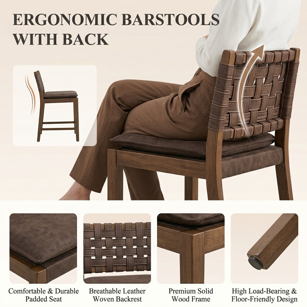 Guyou 26" Rattan Bar Stools Set of 4, Farmhouse Woven Wooden Counter Height Stools with Footrest, Leather Upholstered Bar Chairs for Kitchen Island, Pub & Bar, Brown