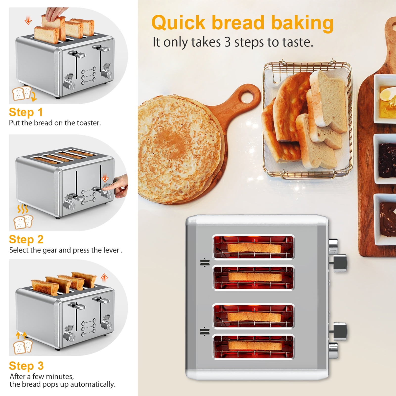 WHALL 4 Slice Toaster - Stainless Steel Bagel Toaster with Dual Control Panels, 6 Shade Settings,Silver