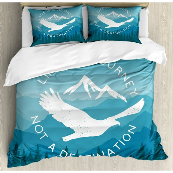 Quote King Size Duvet Cover Set, Hand Drawn Life is a Journey Quote with Mountains and Eagle Silhouette, Decorative 3 Piece Bedding Set with 2 Pillow Shams, Blue Pale Blue and White, by Ambesonne