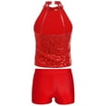thumbnail image 4 of YONGHS Kids Girls Sequins Dance Outfits Sleeveless Halter Crop Tops with Gym Dance Shorts Set Red 12, 4 of 7