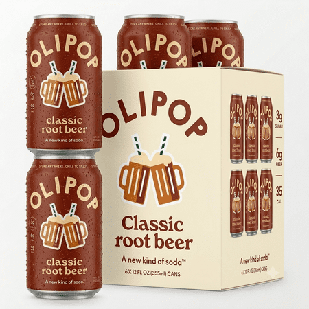 OLIPOP Prebiotic Soda Classic Root Beer, Prebiotic Soft Drink, 12 fl oz Cans, 6-Pack