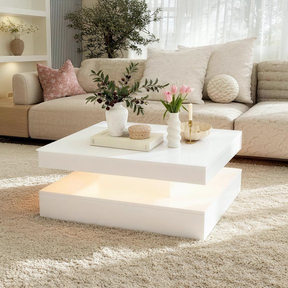 Modern White Coffee Table For Living Room - Led With Lights High Glossy 31'' Square Minimalist Center
