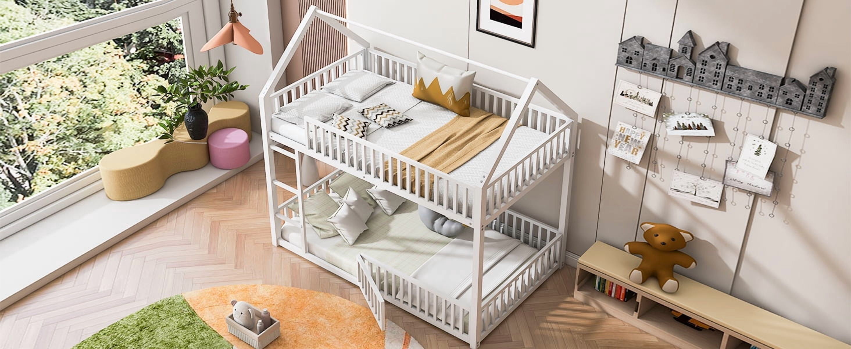 MAYEERTY Metal Twin over Twin House Bunk Bed with Fence and Door, White