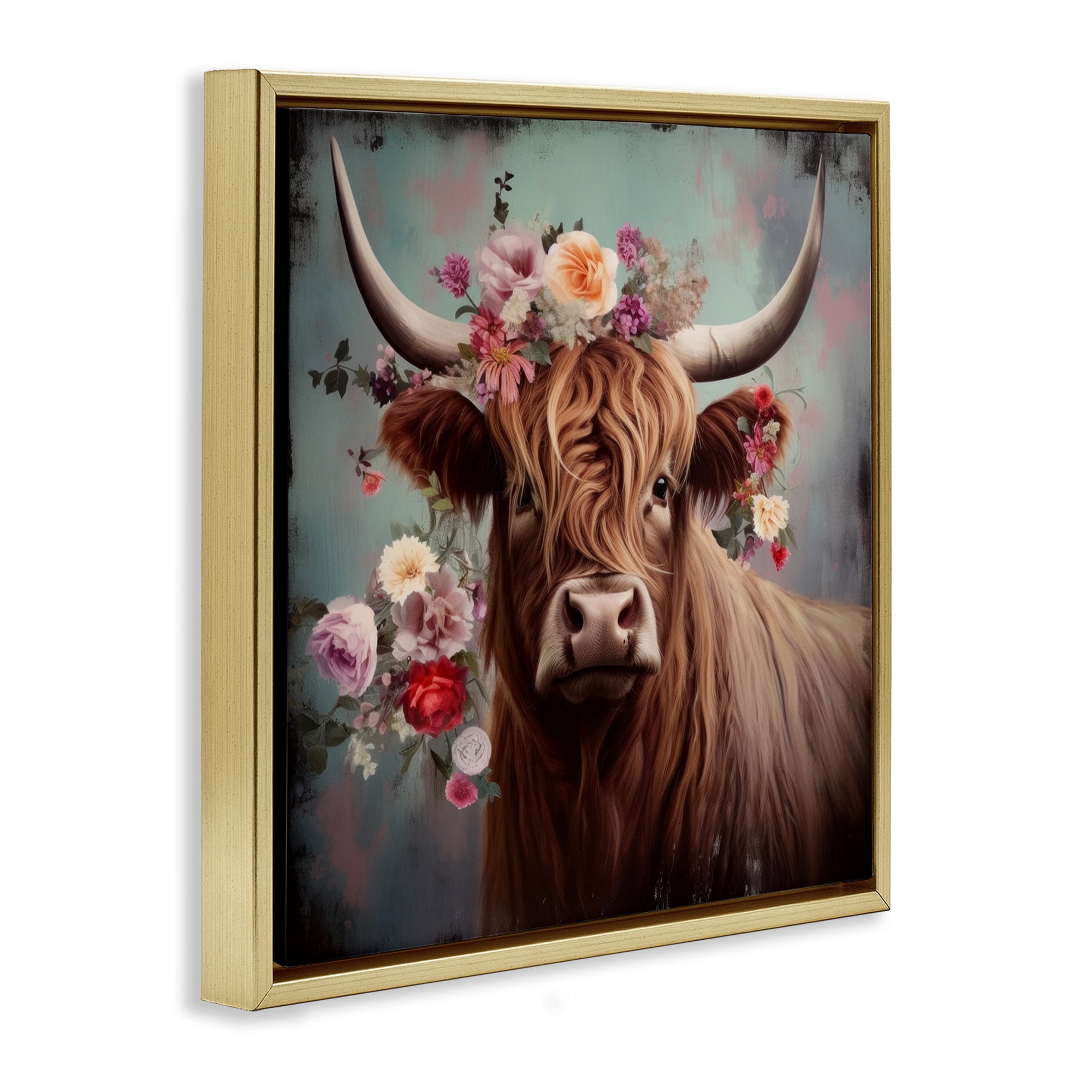 Stupell Industries Cow with Vintage Florals Animals & Insects Painting Gold Floater Framed Canvas Art Print Wall Art, 18 x 18