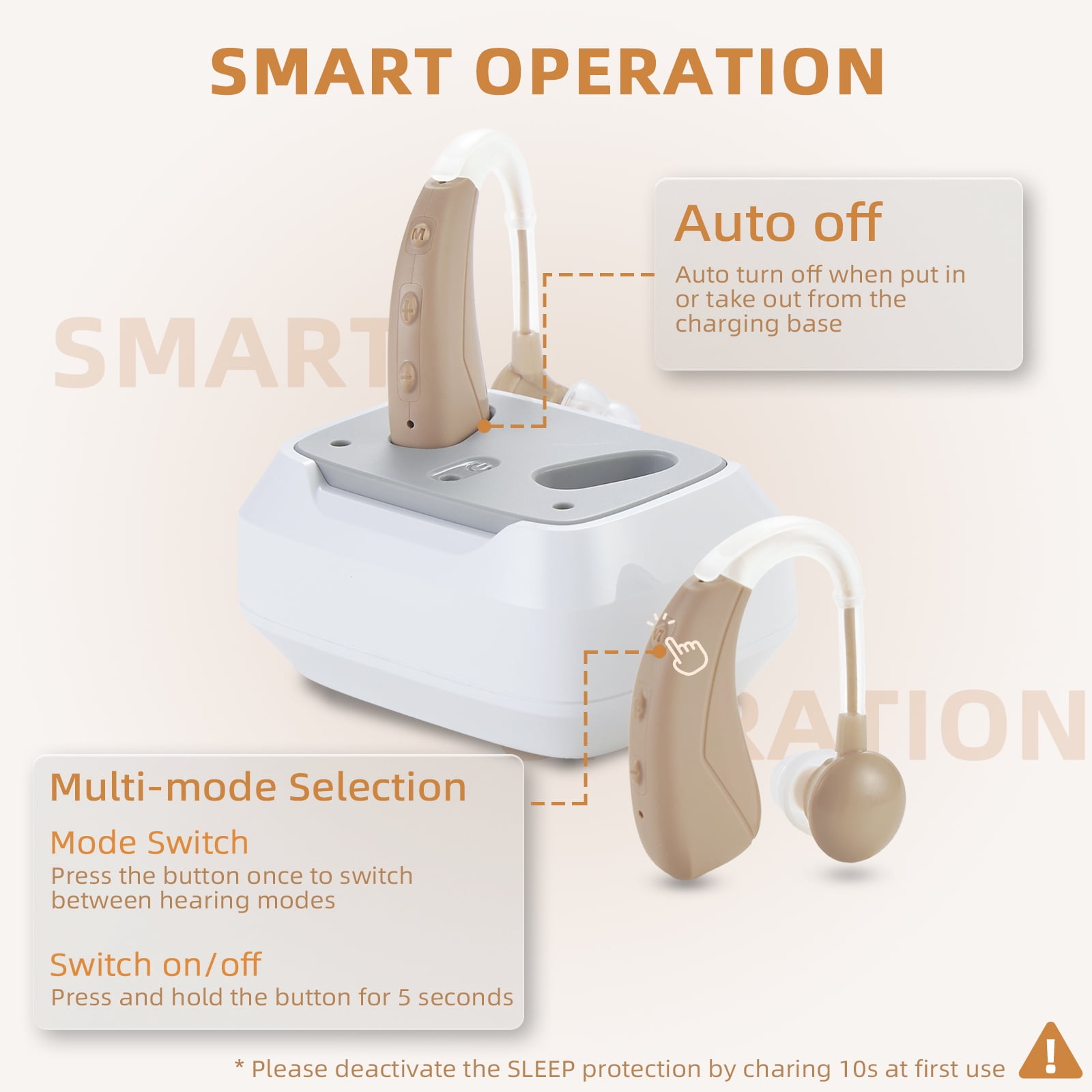 Delmicure Rechargeable Hearing Aids for Seniors, 4-Mode, Digital, Magnetic Charging, VHP-1021, Button Control, Beige