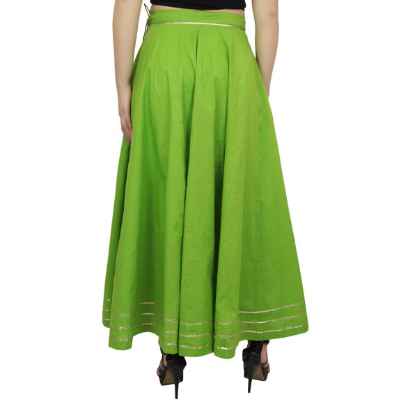 Bimba Women's Cotton Green Skirt Gota Patti Design Drawstring Tassel Waist-XL