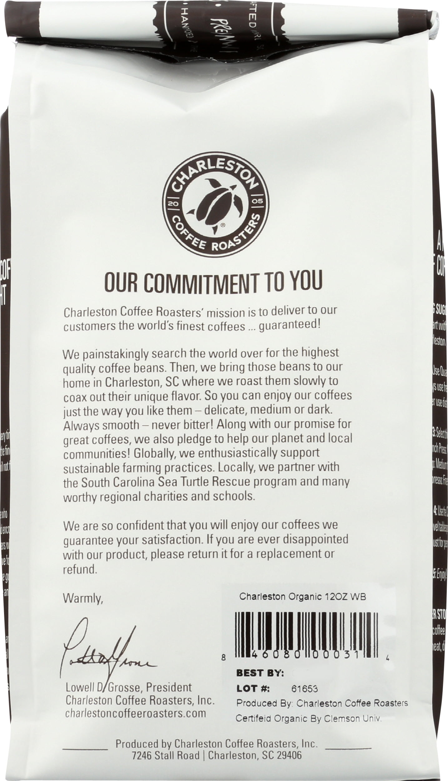 Pack of 6, Charleston Coffee Roaster Charleston Organic Medium Roast Whole Bean Coffee, 12 oz