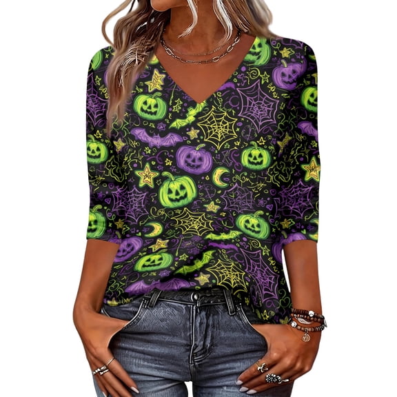 Trgacdwlo S-5XL Halloween Shirts for Women Funny Ghost Graphic V Neck Womens Tops 3/4 Sleeve Fall Cat Pumpkin Print Womens Tunic Tops