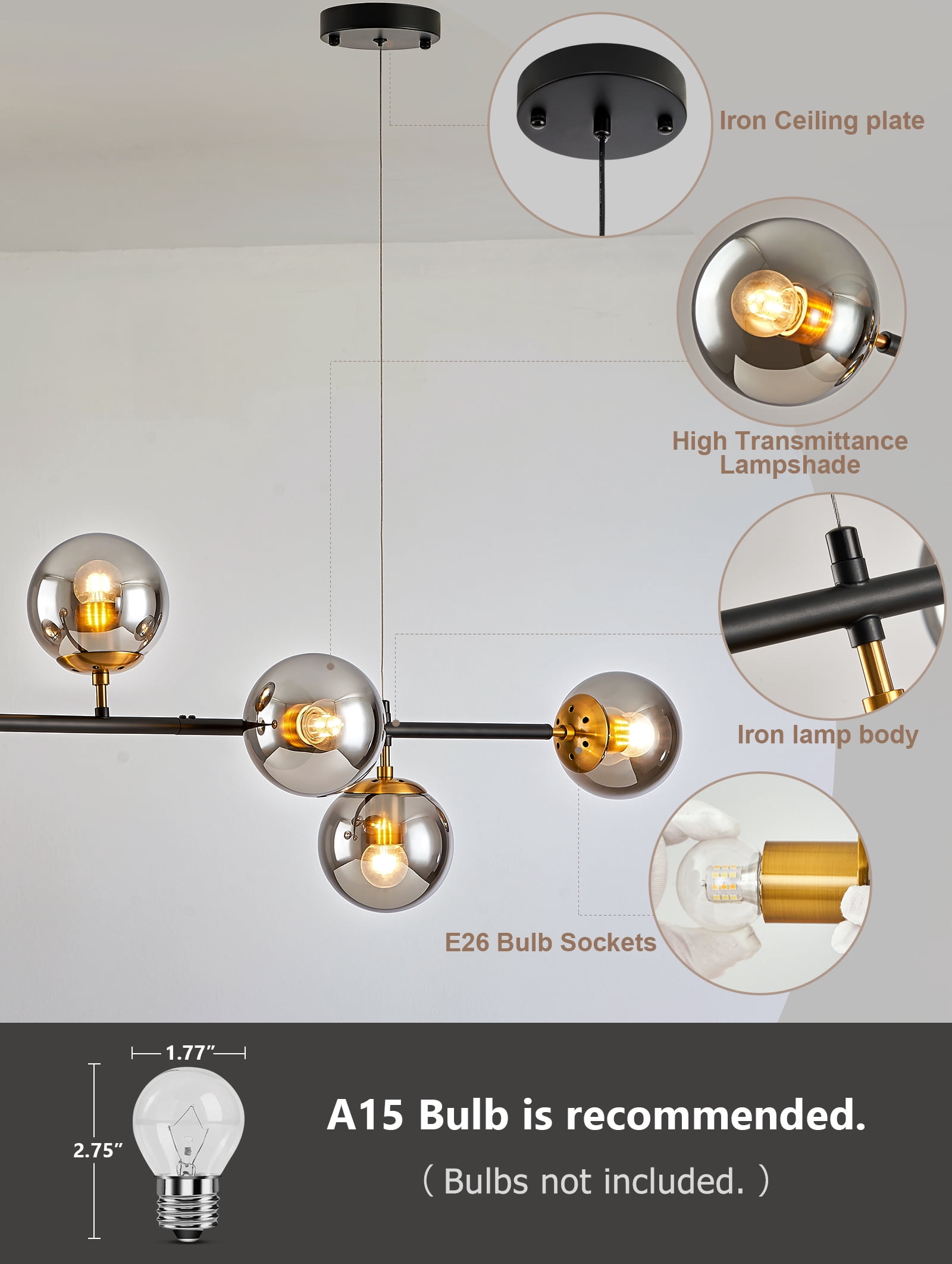 Vikaey Mid Century Modern chandelier Black and Smoke Gray Glass Globe Linear Ceiling Light Fixture 6-Light Adjustable Pendant Light Fixture for Kitchen,Living Room,Dining Room
