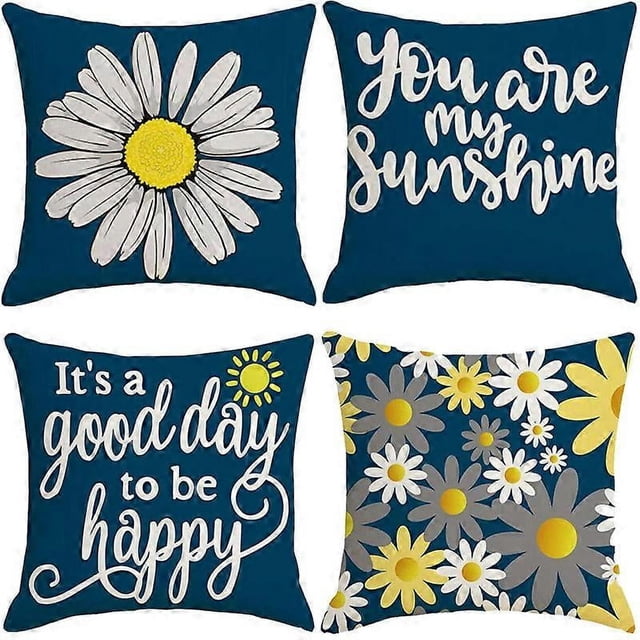 Daisy Cushion Covers Set of 4, Linen Square Flower Throw Pillow Case 18x18 Inch for Decorative Sofa Bed Home Car