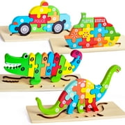 Fun Little Toys Wooden Puzzles for Toddlers Age 3+, 4-Pack Toddler Puzzles Baby Puzzles, Montessori Toys and Educational Toys, Birthday Gifts