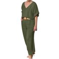 thumbnail image 2 of BLTIBY 2025 Cotton Linen 2 Piece Sets for Women Summer Solid Color Loose Short Sleeve V Neck Shirts Wide Leg Pant Matching Set Plus Size Vacation Outfits with Belt Army Green 5XL, 2 of 6