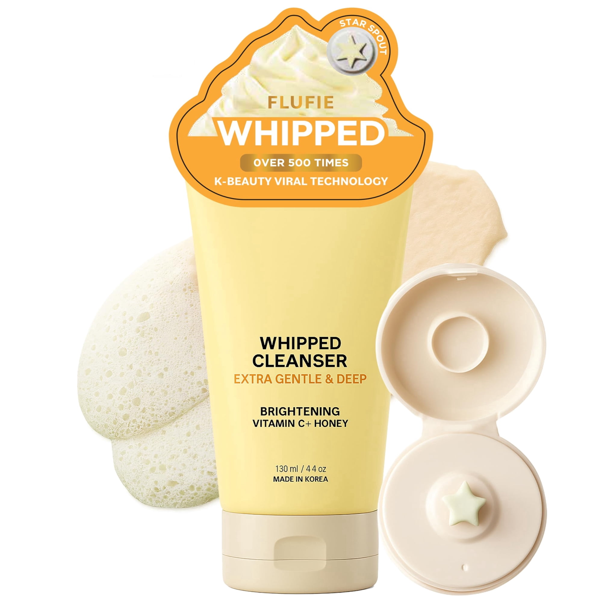 Flufie Whipped Facial Cleanser with Vitamin C & Honey – Hydrating, Refreshing & Pore Cleansing – Dermatologist Tested, Anti-Aging, Korean Skin Care – Clean Beauty, Vegan, Non-GMO – 4.4 Oz