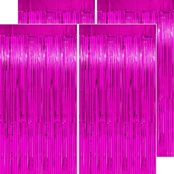 4 Pack Hot Pink Backdrop Tinsel Foil Fringe Curtain Backdrop Streamer for Party Decorations