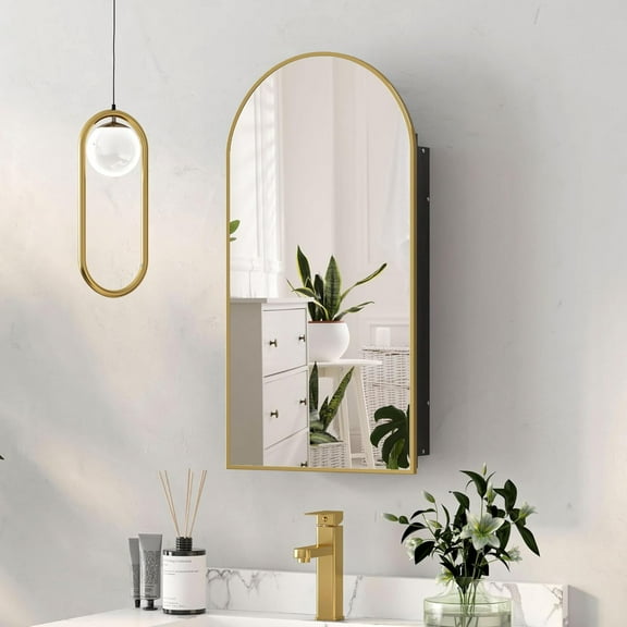 Recessed Medicine Cabinet,Brushed Brass Gold Arched Medicine Cabinet with Mirror for Bathroom,Metal Edge Mirrored Medicine Cabinets,in Wall Arch Medicine Cabinets Mirror with Storage 16x31
