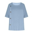 thumbnail image 7 of Olyvenn Linen Shirts for Women 2025 Short Sleeve Crewneck Tops Casual Loose Fit Blouses Trendy Summer Button T-Shirt Light Blue XXL, 7 of 7