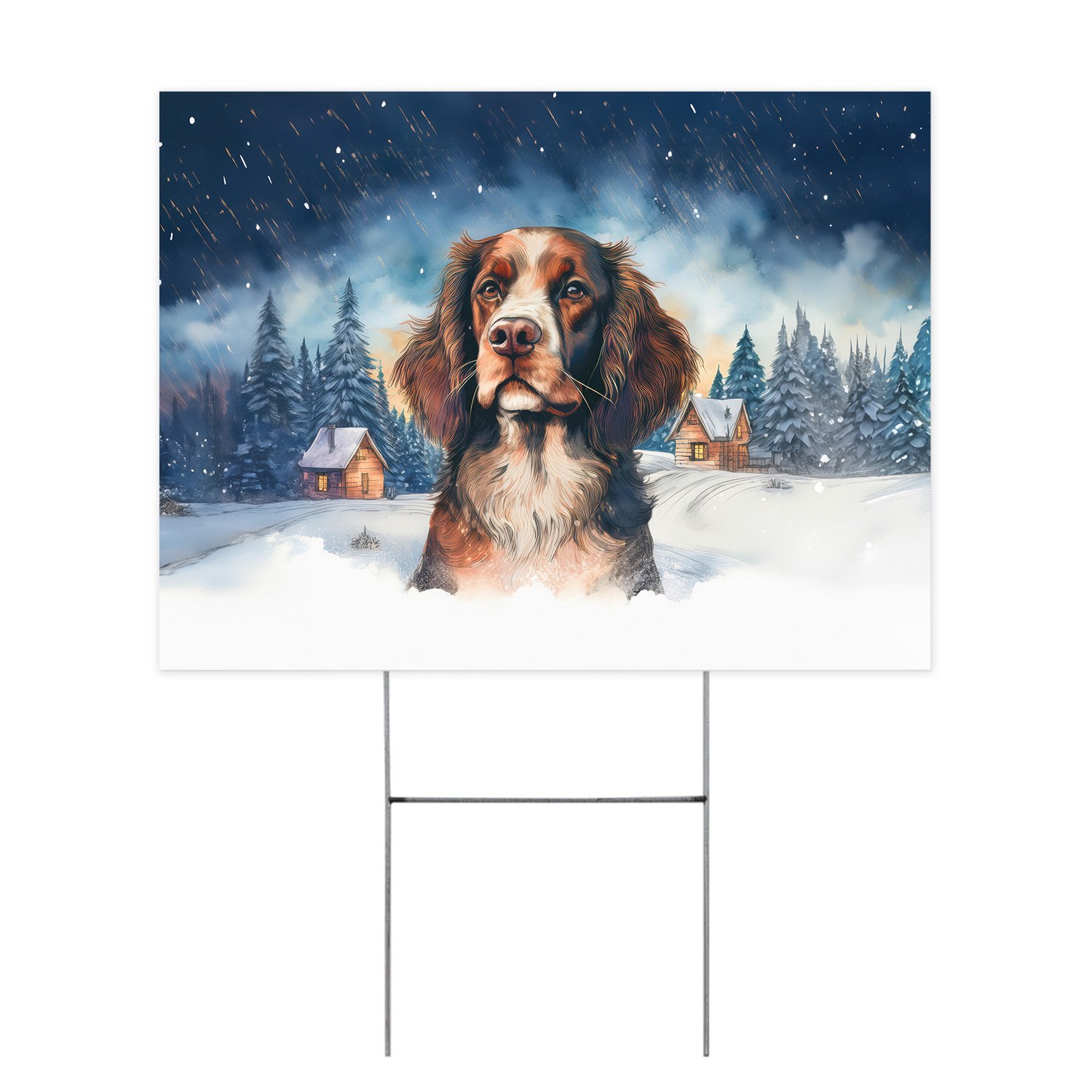 Hello Winter English Springer Spaniel Welcome Snowy Night Watercolor Vintage Yard Sign Springers Dog Lover Gifts Outdoor Home Lawn Garden Porch Decor - 01011