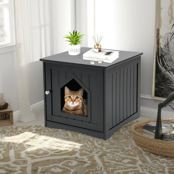 Pefilos 20" Cat House Covered for Indoor, Hidden Crate Litter Box Enclosure, Hooded Cats Furniture Cabinet Kitty Washroom, Black