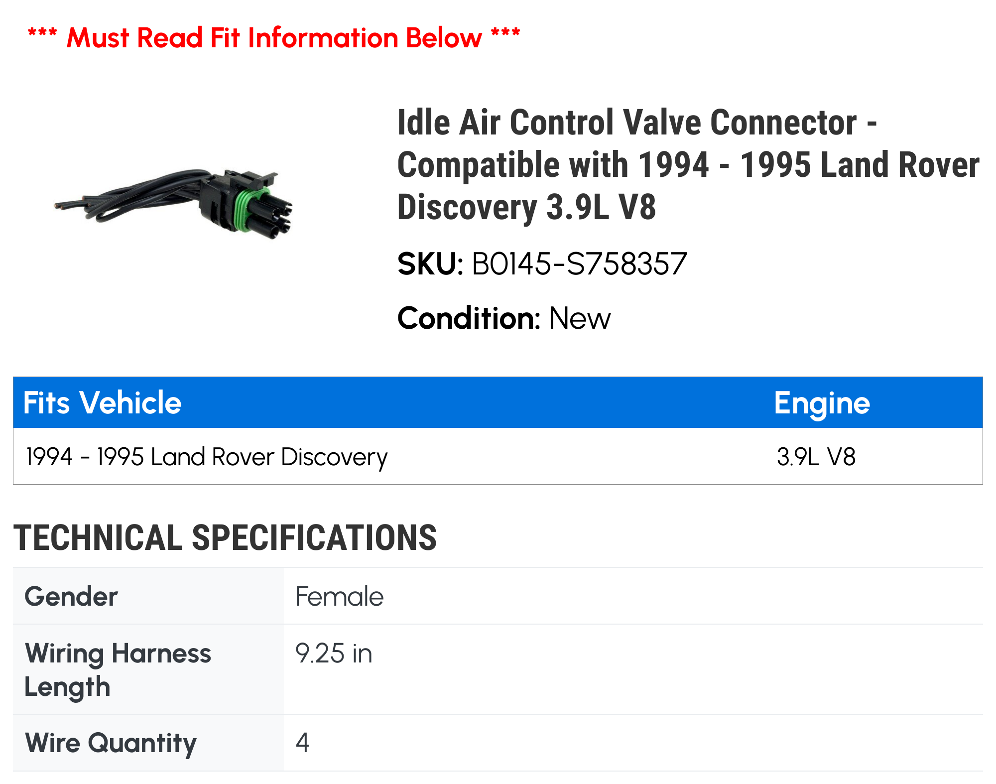 Idle Air Control Valve Connector - Compatible with 1994 - 1995 Land Rover Discovery 3.9L V8