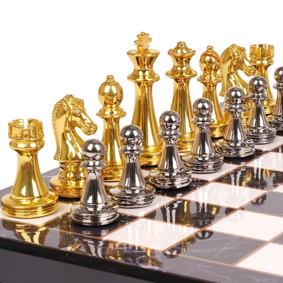 Metal Chess Set for Adults and – Marbling Chess Board with Chess Pieces – Travel Chess Sets with Extra Queens with zinc Alloy Metal Pi