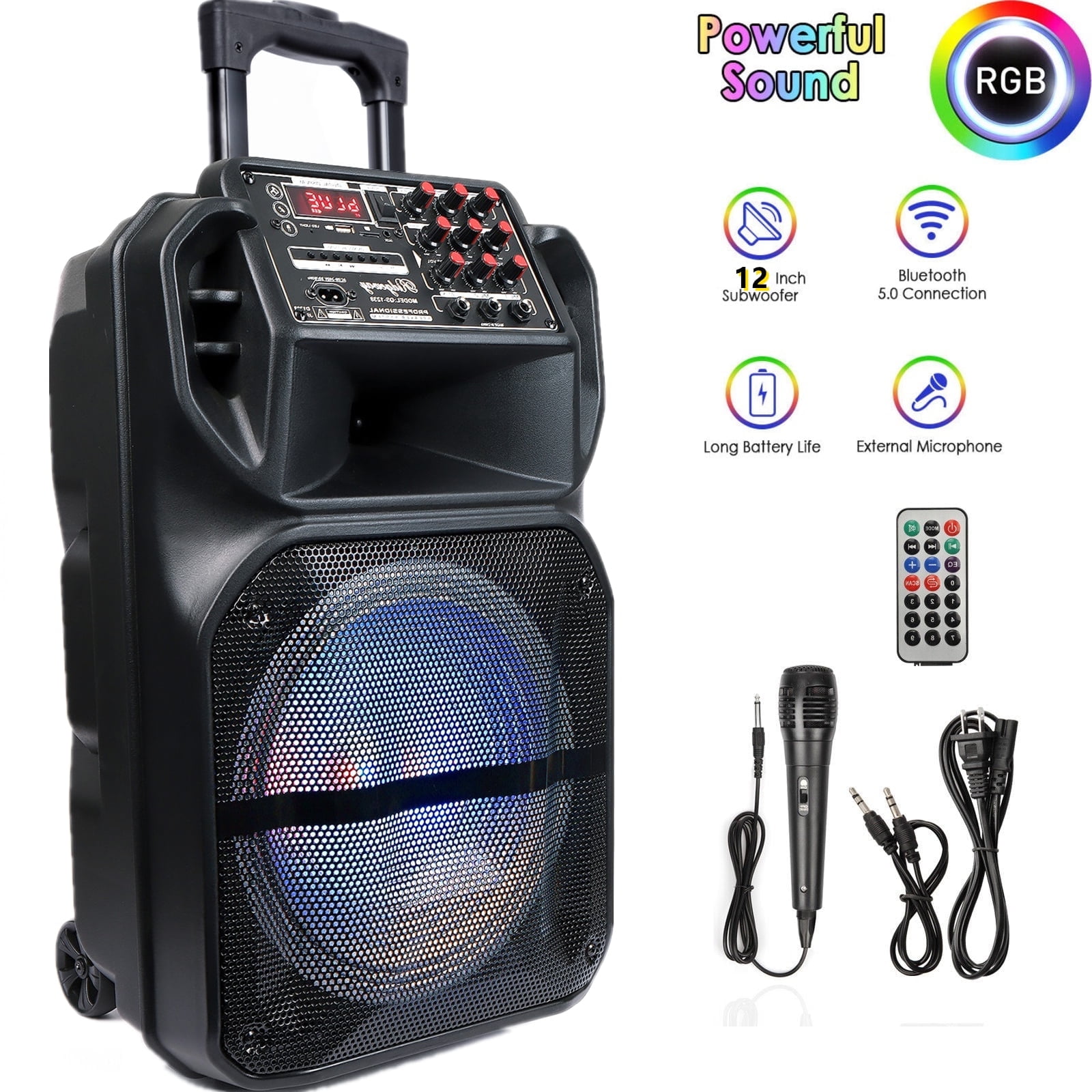 Lohoms 5000W Peak Power Wireless Party Speaker with 12" Subwoofer, Deep Bass, LED Lights, FM Radio, TF/MP3, Portable Indoor/Outdoor Speaker