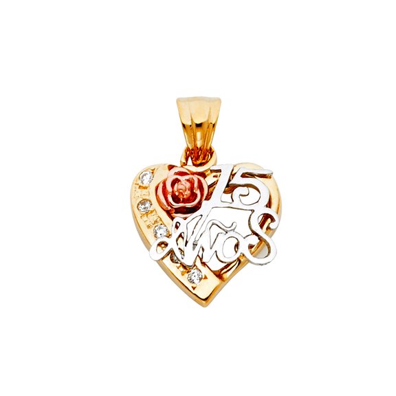 14k Yellow Gold White Gold and Rose Gold Cubic Zirconia 15 Years Love Heart Pendant Necklace 15x22mm Pendant for Women