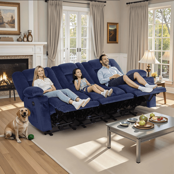 MCombo 3 Seater Zero Gravity Power Reclining Sofa for Living Room, Fabric, Navy Blue