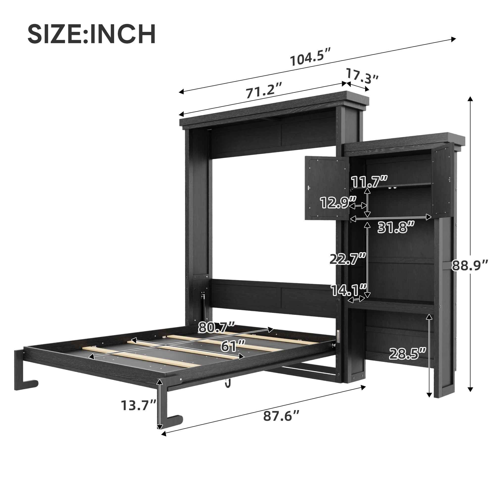 Queen Size Murphy Bed with Convertible Multiple Storage Shelves for Small Space, Guest Room