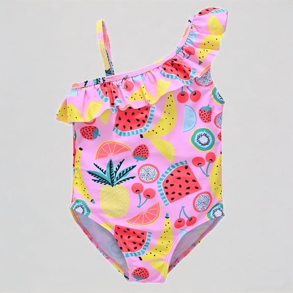 REDARER Toddler Girls One-Piece Swimsuit: Fruit Print, One-Shoulder Ruffled Trim – Cheerful Summer Beach Bathing Swimwear,9-12 Months
