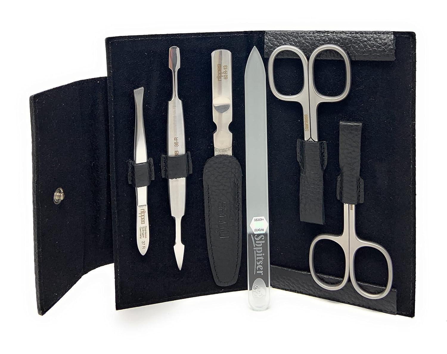 5-Pieces Luxury German Manicure Pedicure Set Premium Stainless Steel Grooming Kit Hand in Genuine Cowhide Leather Case with Bonus Shpitser Crystal Glass Professional Nail File