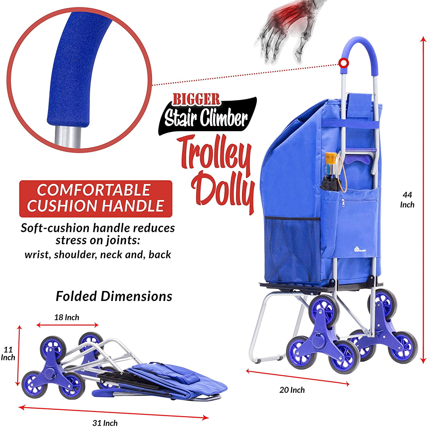 dbest Products 01-554 Bigger Trolley Dolly Stair Climber Grocery Foldable Cart Condo Apartment Blue 