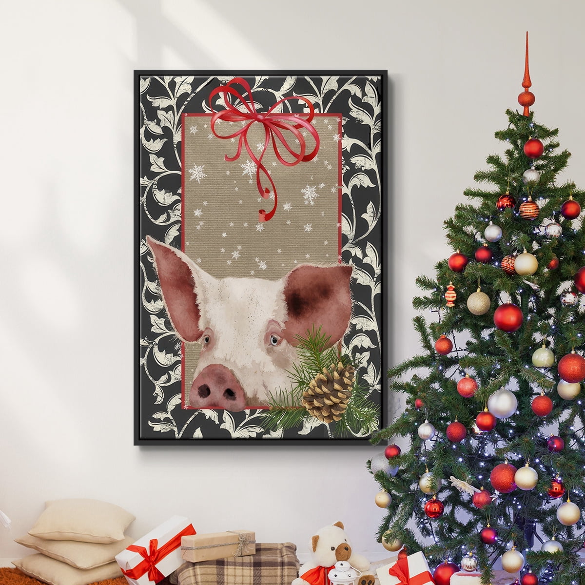County Christmas Farm II - Framed Gallery Wrapped Holiday Canvas - 25 x 37 - Black Frame