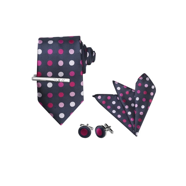 Conjunto de corbata de lunares para hombre INSPIRE CHIC, clip de corbata, gemelos, pañuelo de bolsillo para negocios y bodas en azul oscuro y fucsia