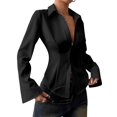thumbnail image 3 of Women'S Collared Waist Pleated Flare Long Sleeve Fitted Shirt Black XXL, 3 of 8