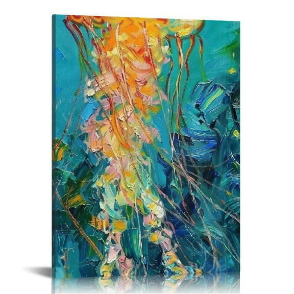 FCXZI Beach Wall Art Nautical Decor Ocean Coastal Jellyfish Jelly Fish Canvas Pictures for Bathroom Bedroom Room Home House Decorations Artwork Painting Teal Themed 12x16in