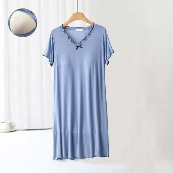 Sakmal Modal House Dress for Women Blue Cute with Padded Soft Loungewear Short Short Sleeve Solid V-Neck Nightgowns M-2XL