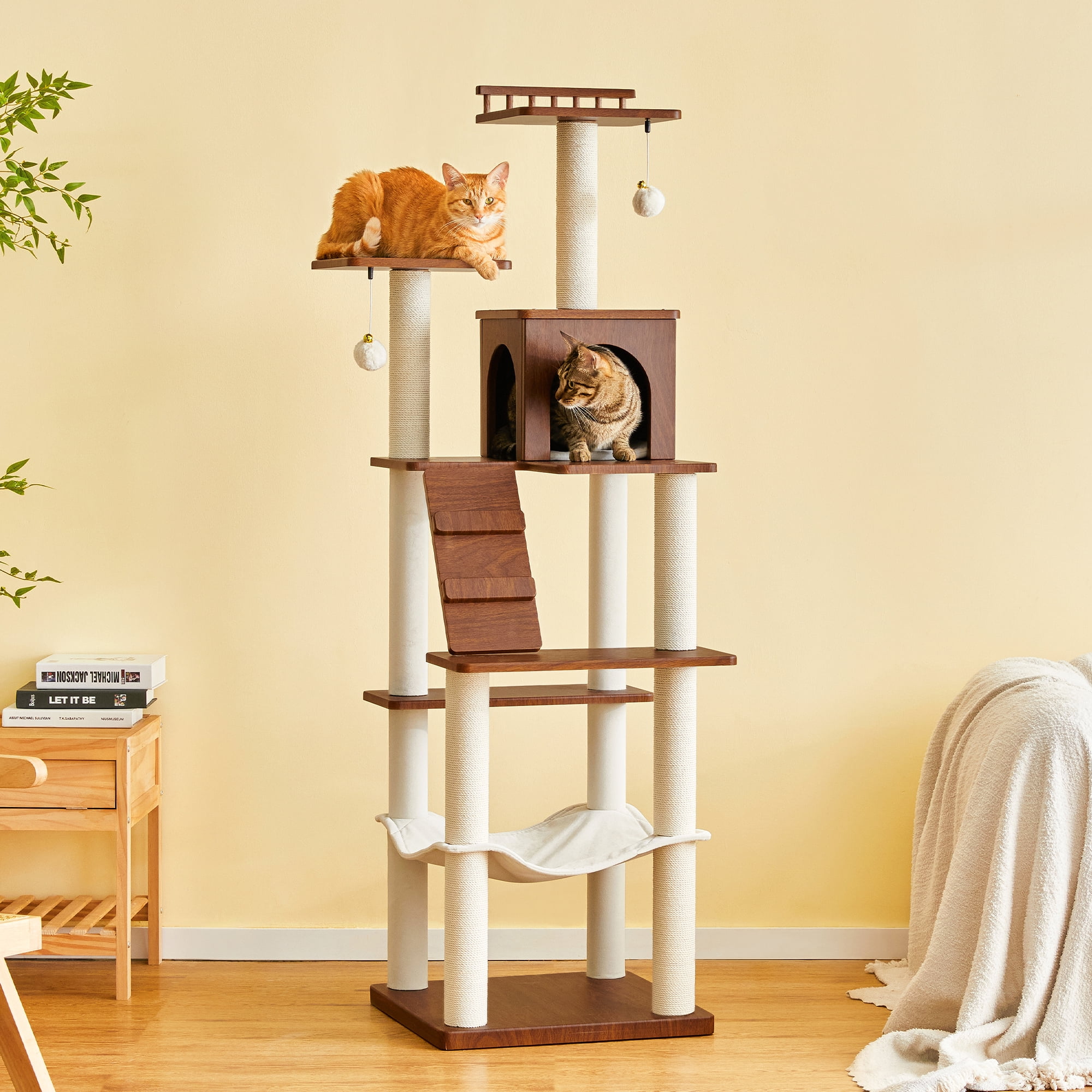 MWPO Modern Cat Tree - 64 inch Cat Tower for Indoor Cats, Multi-Level Cat Condo with 7 Fully Wrapped Scratching Posts, 2 Perches, Hammock, Removable Pad & Dangling Balls-Walnut Brown