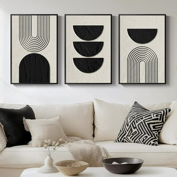Framed Black and White Abstract Wall Art, 3 Piece Canvas Prints Paintings Artwork for Walls, Modern Minimalist Gold Beige Block Pictures for Living Room Hallway Office Wall Decor 16x24 Inch