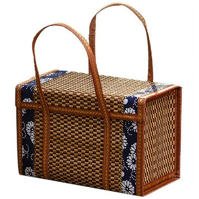 Caja de almacenamiento portátil de bambú tejido para acampar Cesta tejida a mano Cesta especial para picnic al aire libre Cesta tejida L