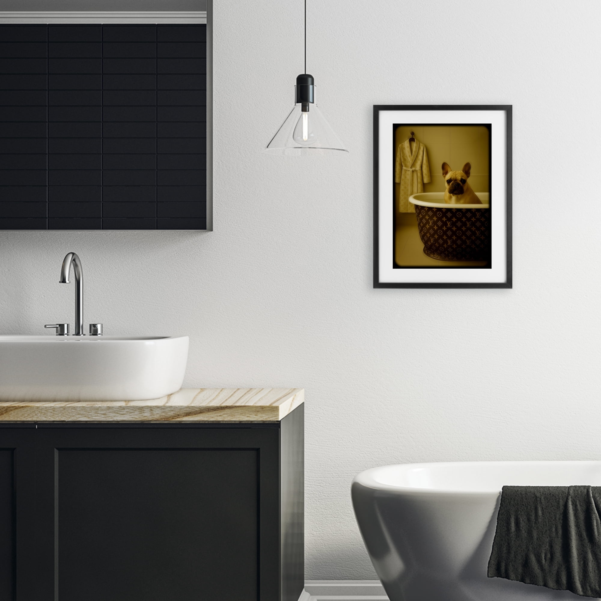 Stupell Industries Couture French Bulldog in Luxury Tub Black Framed Print Under Glass, design by Grotto Studios