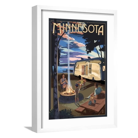 Art.com Minnesota - Retro Camper and Lake Art Print by Lantern Press, White Frame Wall Art, 17" x 23"