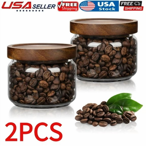 11Fl Oz(300Ml)Coffee Container With Wooden Lid, Glass Pantry Canister For Beans