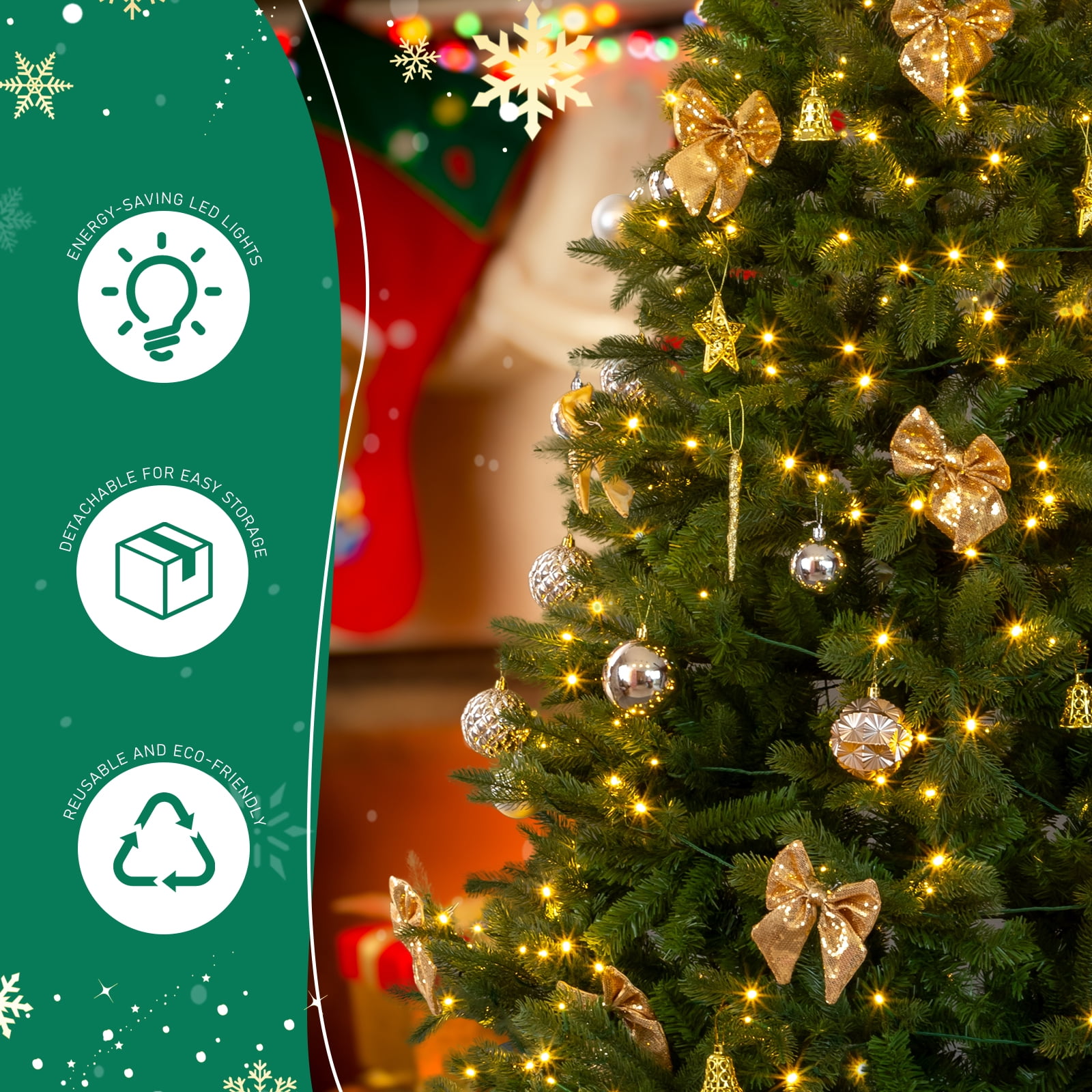 Astoutdoor 7.5 ft Artificial Christmas Tree with 400 Warm White LED Lights, Hinged Pine Tree, Tree Skirt and Ornaments, Green