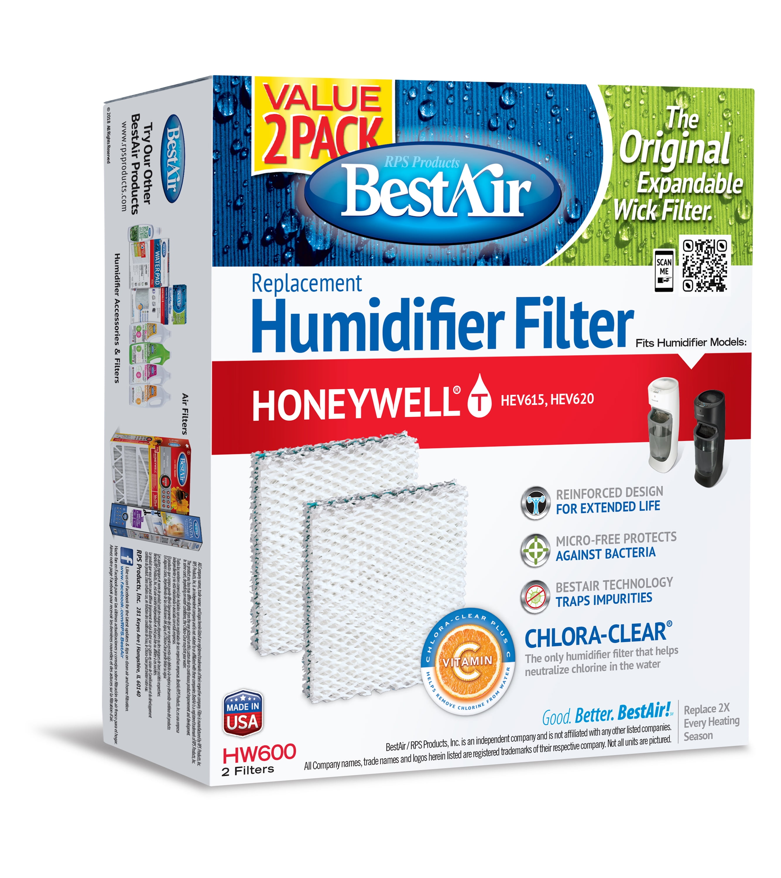 BestAir HW600 Value 2PK Humidifier Replacement Wick Filter for Honeywell models 6.4" x 2.8" x 8.6"