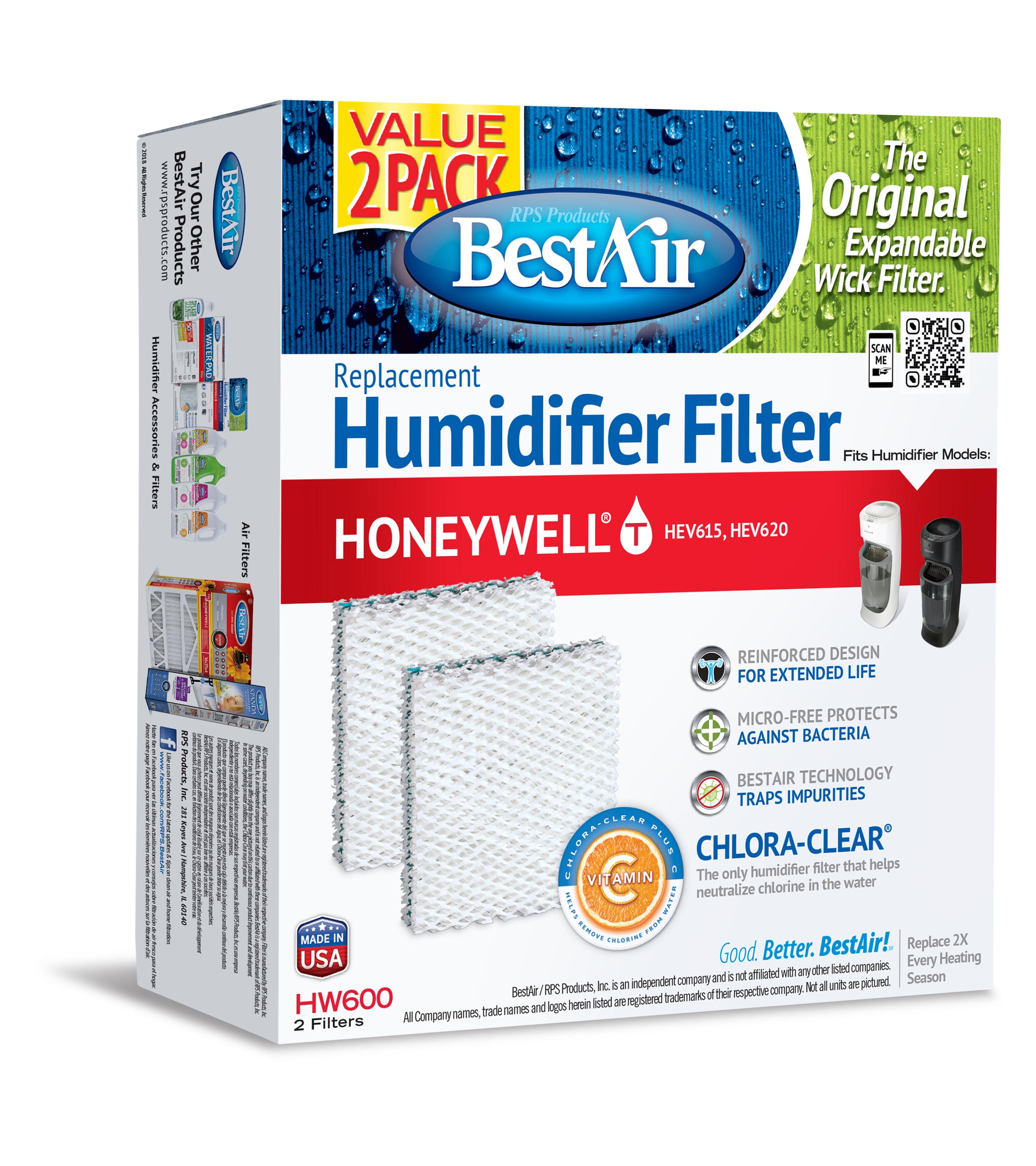 BestAir HW600 Value 2PK Humidifier Replacement Wick Filter for Honeywell models 6.4' x 2.8' x 8.6'