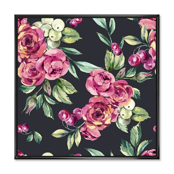 Designart 'Red VIntage Roses and Berries On Black Background' Farmhouse Framed Canvas Wall Art Print